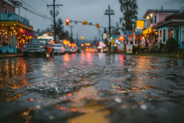Fototapeta premium Modern city street submerged in water after extreme rainfall, with street signs, parked cars, and storefronts partially underwater