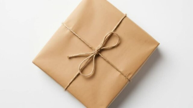 A square package wrapped in brown paper and tied with twine sitting on a white surface top view