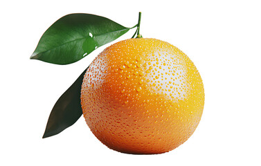 A fresh orange with water droplets and green leaves, isolated on a transparent background