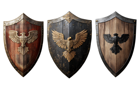 3D render of three different medieval-style wooden and steel shields with an eagle emblem, each on its own transparent background
