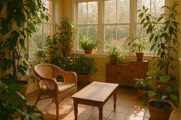 A serene sunroom filled with vibrant potted plants, natural light streaming through large windows, and a comfortable wicker chair.