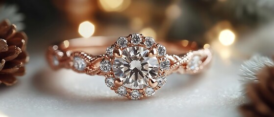 Naklejka premium Rose gold diamond ring, holiday backdrop