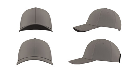 Four views of a plain, gray baseball cap are shown, showcasing the front, back, and two side profiles against a black background.  The cap appears to be made of a structured, possibly cotton material