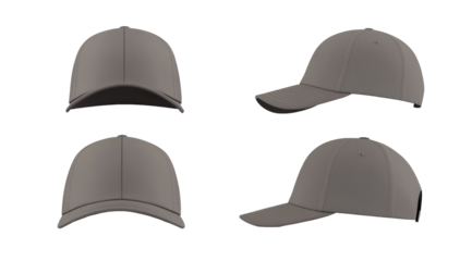 Four views of a plain, gray baseball cap are shown, showcasing the front, back, and two side profiles against a black background.  The cap appears to be made of a structured, possibly cotton material