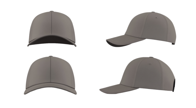 Four views of a plain, gray baseball cap are shown, showcasing the front, back, and two side profiles against a black background.  The cap appears to be made of a structured, possibly cotton material