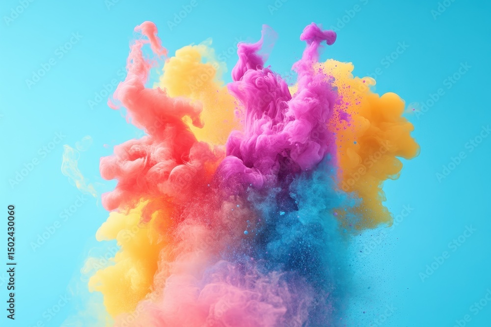 Poster colorful fluid motion transitions creating vibrant patterns against a blue backdrop, colorful fluid 
