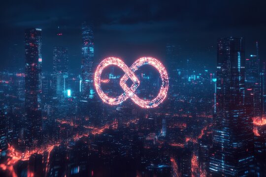 Infinity sign and padlock symbolizing data protection in a futuristic cityscape at night, infinity sign and padlock with data processing over cityscape