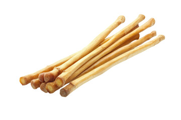 A close-up shot of a bundle of thin, crispy breadsticks, showcasing their golden-brown hue and slightly irregular textures. 