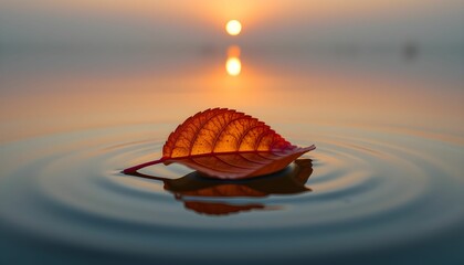 Serene Sunset Leaf Floating on Calm Water