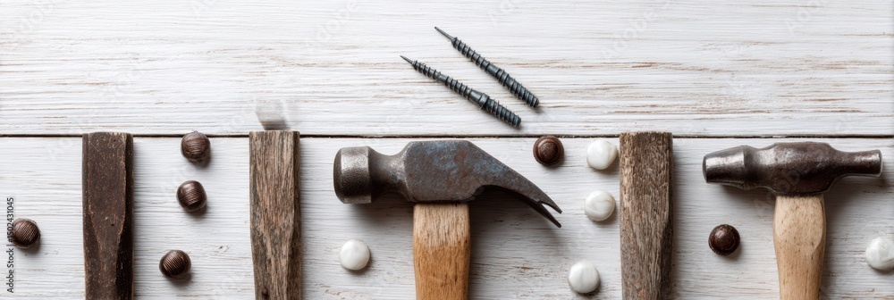 Poster tools arranged on a rustic wooden surface showcasing hammers and nails against a white top margin