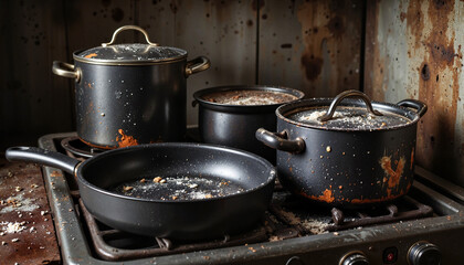Old cookware with stains and scratches on a stove in a rustic kitchen  