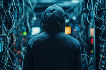 A person in a hoodie stands in a dark server room surrounded by cables, suggesting hacking or cyber security themes.