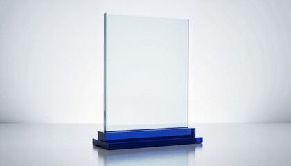 Glass award trophy on blue base with soft lighting background  