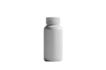 A studio shot of a blank, white plastic bottle with a tight-fitting cap, isolated on a black background.  The bottle is short and somewhat rectangular