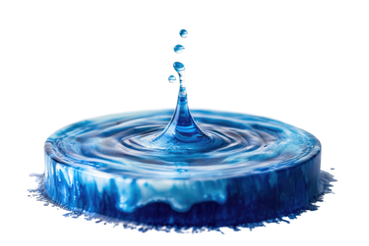 A single droplet of water impacts a calm water surface, creating concentric ripples and a crown splash.  The water is a gradient of blues and whites