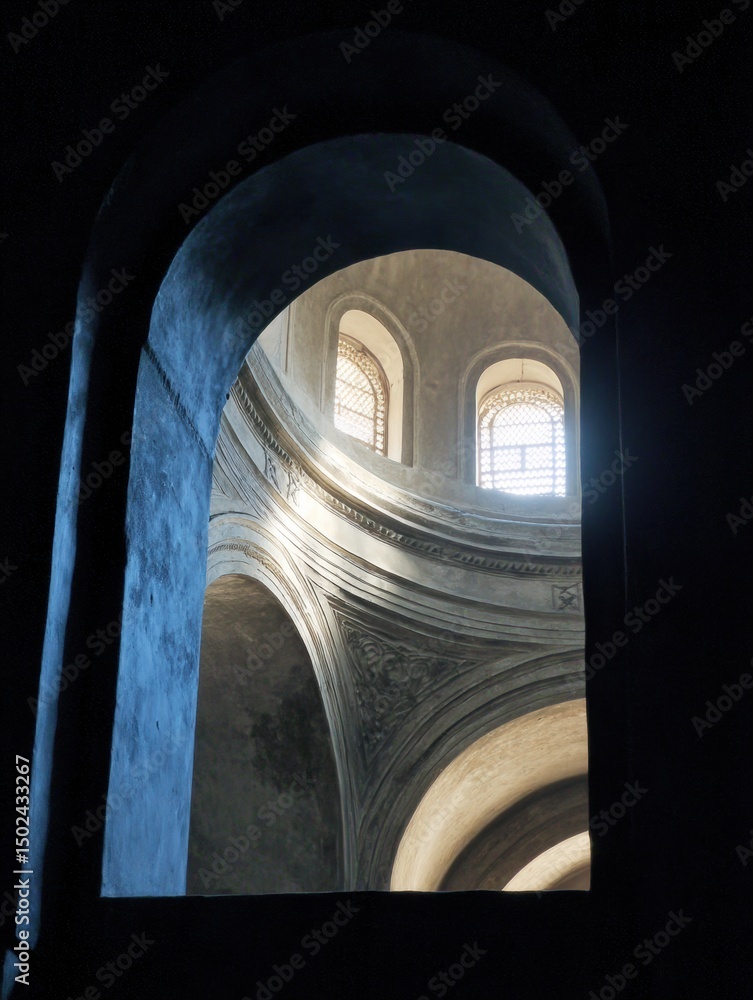Poster light filtering through arched window revealing a beautiful dome structure in soft illumination