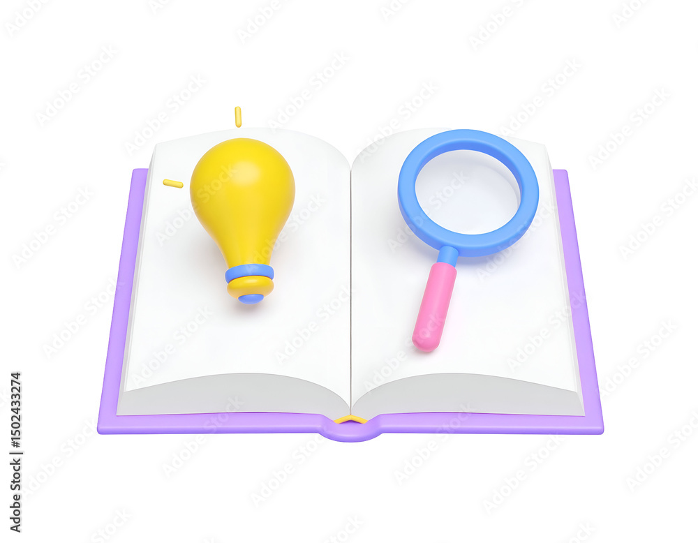 Poster open book displaying a lightbulb and magnifying glass, symbolizing knowledge and discovery