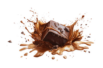 Fototapeta premium A dark chocolate cube is shown sinking into a pool of melted chocolate, creating a dramatic splash with scattered chocolate chips