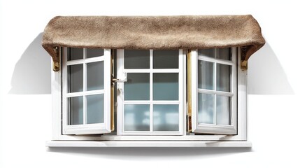 Wool Fabric Window with White Frame and Open Glass Panels. Generative AI