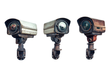 Three weathered security cameras, varying in condition, from pristine to heavily rusted, are presented against a black background