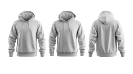 Three views of a plain light gray hoodie; front, front (slightly angled), and back.  The hoodie appears to be made of a soft, comfortable material