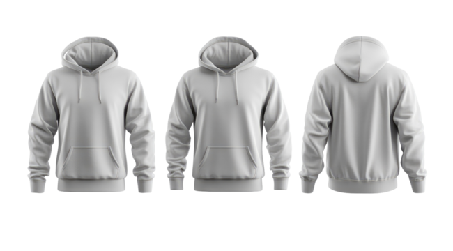 Three views of a plain light gray hoodie; front, front (slightly angled), and back.  The hoodie appears to be made of a soft, comfortable material