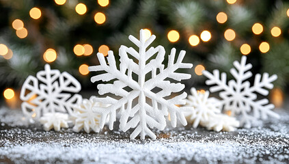 Decorative white snowflakes arranged on a wooden surface with blurred christmas lights and fir tree branches in the background for festive winter season.