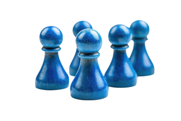 Five glossy, dark-blue ceramic pawns arranged in a close cluster against a black background