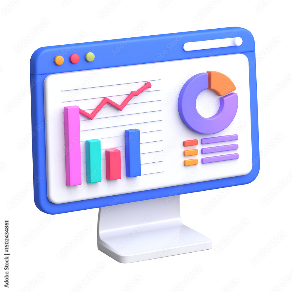 Poster 3d rendered computer screen displaying colorful charts and graphs, illustrating data analysis