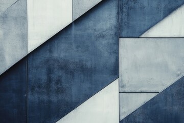 Abstract facade of geometric panels in muted blues and grays