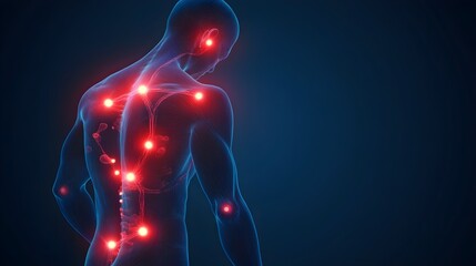 Human body with glowing red pain points on neural pathways illustrating pain or nerve stimulation, set against a dark blue background