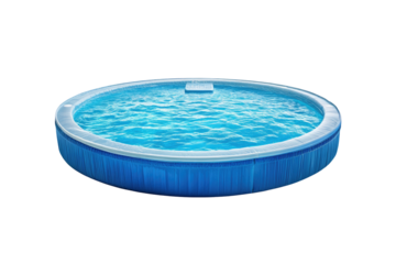A round, above-ground pool filled with clear, blue water, features a small, built-in step.  The pool's exterior is light blue
