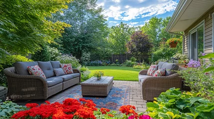 Selbstklebende Fototapeten Khaki A tranquil afternoon retreat in a lush backyard garden featuring comfortable wicker furniture and vibrant flowers under  © Eqan