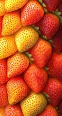 Close-up view of many vibrant strawberries, gradient colors from yellow to red