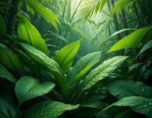Lush Green Jungle Plants with Sunlight Filtering Through Canopy
