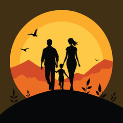 Naklejka premium black silhouette of a happy family walking hand sunset