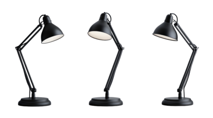 Three black desk lamps shown in different positions, highlighting adjustable arm and shade