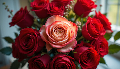 Obraz premium Peach Rose Among Red Roses Unique Romantic Bouquet, Symbol of Admiration, Love, Elegance, Harmony, and Floral Sophistication