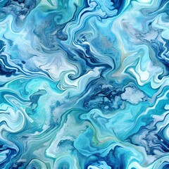 Fototapeta premium “Seamless digital fluid art pattern with ink marbling in shades of ocean blue, aqua, and turquoise, calming and modern for bedding and apparel” 