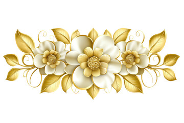 Elegant gold floral arrangement featuring three large, off-white blossoms with golden centers, framed by ornate gold leaves and swirling details against a black background