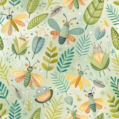 “Repeating pattern of whimsical abstract insects and foliage in soft greens and yellows, hand-drawn playful style for children’s textiles”
