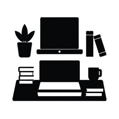 Minimalist black and white workspace illustration depicting laptop books plant and coffee cup