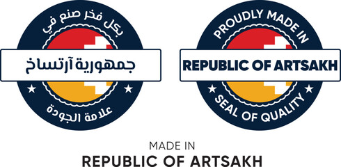 Made in Republic of Artsakh. Premium labels English and Arabic, stickers, pointer, badge and symbol of Republic of Artsakh flag icon. Collection vector illustration