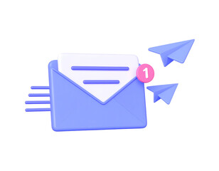 3D illustration of a purple email envelope with notification and paper airplanes