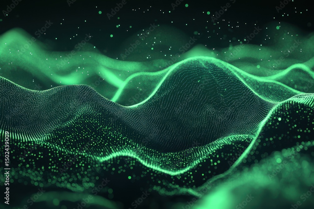 Poster Glittering green particles creating a mesmerizing background texture for various design applications, Glittering green particles background material for playback