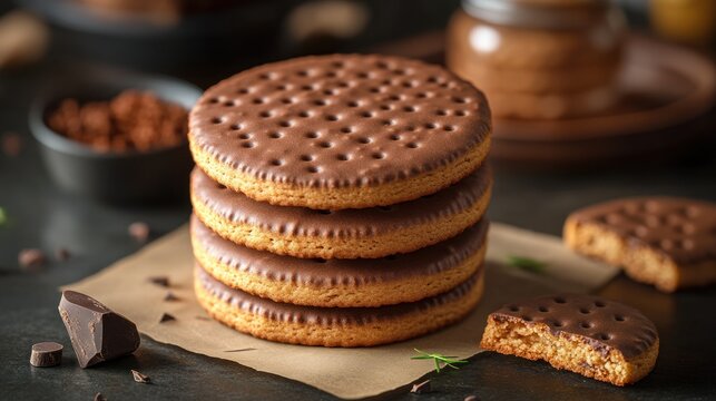 Stack of chocolate-covered cookies on parchment paper