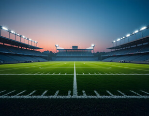 Empty Stadium at Sunset with Green Field and Bright Lights