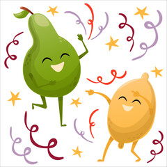 Vector illustration of dancing fruits. Fruits at party