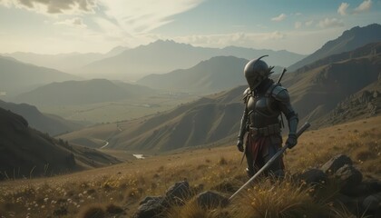 Fototapeta premium Warrior in Armor on Mountain Hillside at Sunset