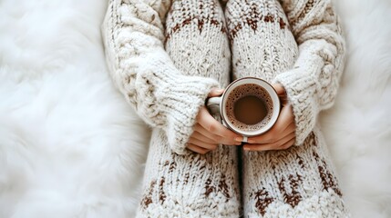 Winter Attire: A woman sitting in cozy winter clothes, legs crossed, holding a mug of hot chocolate, on a white background. 
